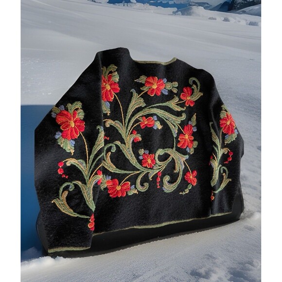 VRIKKE All Over Embroidered Wool Cardigan Sweater Norwegian Irene Haugland Large - Picture 3 of 11